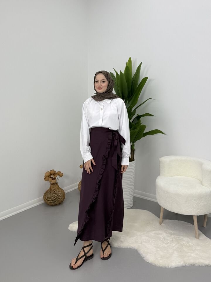 Asimetrik Fırfır Detaylı Etek Mor XL