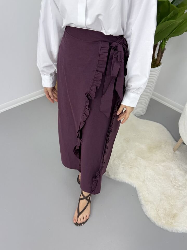 Asimetrik Fırfır Detaylı Etek Mor XL