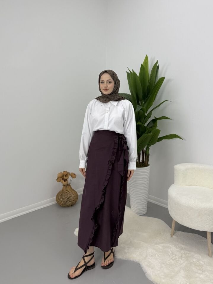 Asimetrik Fırfır Detaylı Etek Mor XL