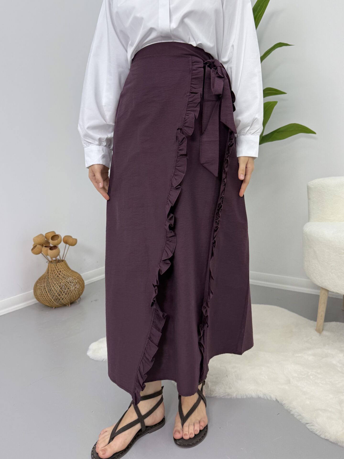 Asimetrik Fırfır Detaylı Etek Mor XL