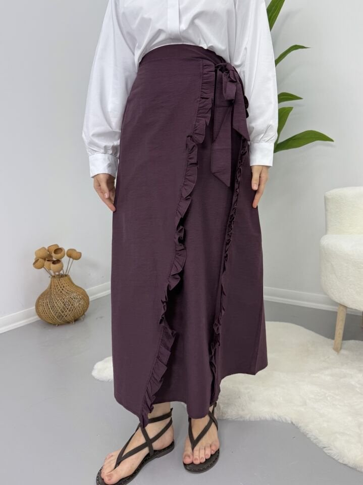 Asimetrik Fırfır Detaylı Etek Mor XL