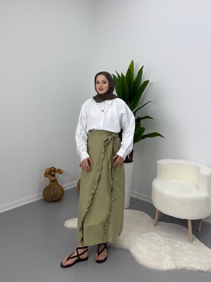 Asimetrik Fırfır Detaylı Etek Yeşil S