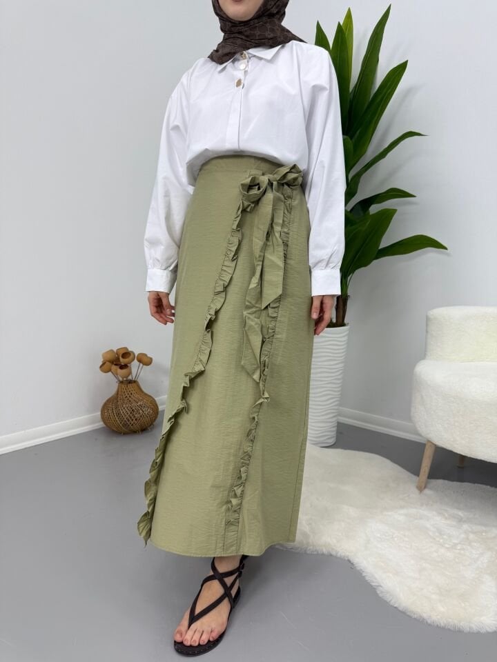 Asimetrik Fırfır Detaylı Etek Yeşil S