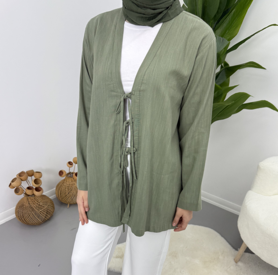 Önden Bağcıklı Keten Kimono Yeşil L