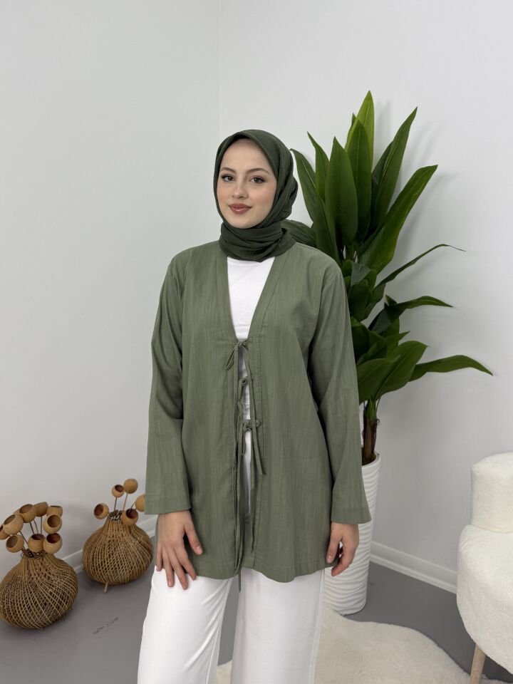 Önden Bağcıklı Keten Kimono Yeşil S