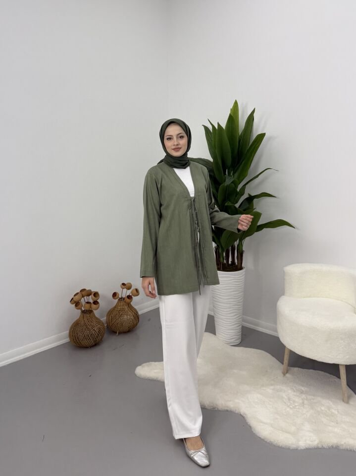 Önden Bağcıklı Keten Kimono Yeşil L