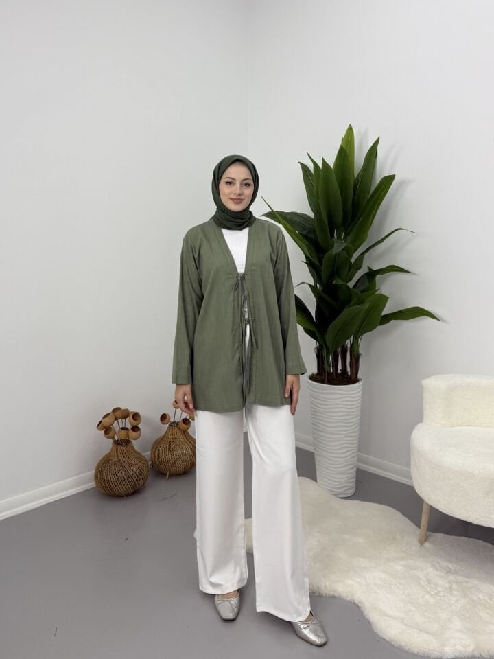 Önden Bağcıklı Keten Kimono Yeşil L