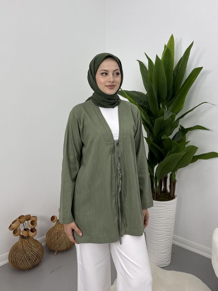 Önden Bağcıklı Keten Kimono Yeşil L