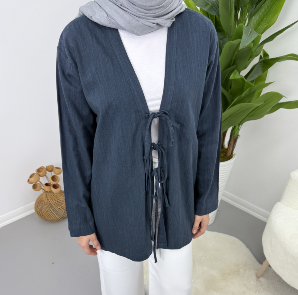 Önden Bağcıklı Keten Kimono Lacivert S