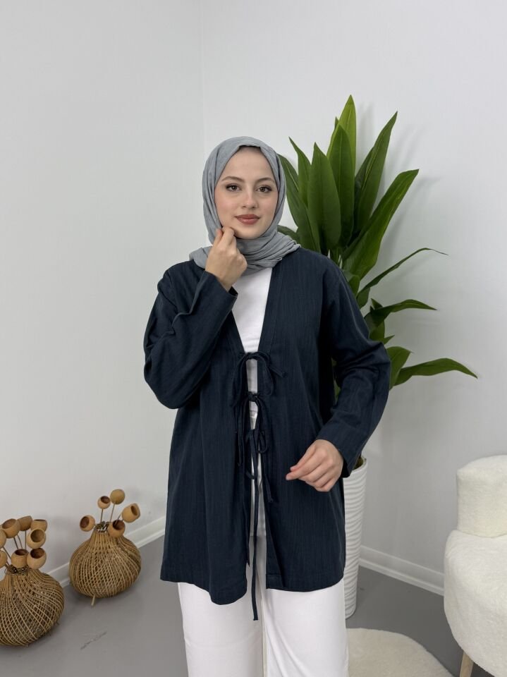 Önden Bağcıklı Keten Kimono Lacivert S