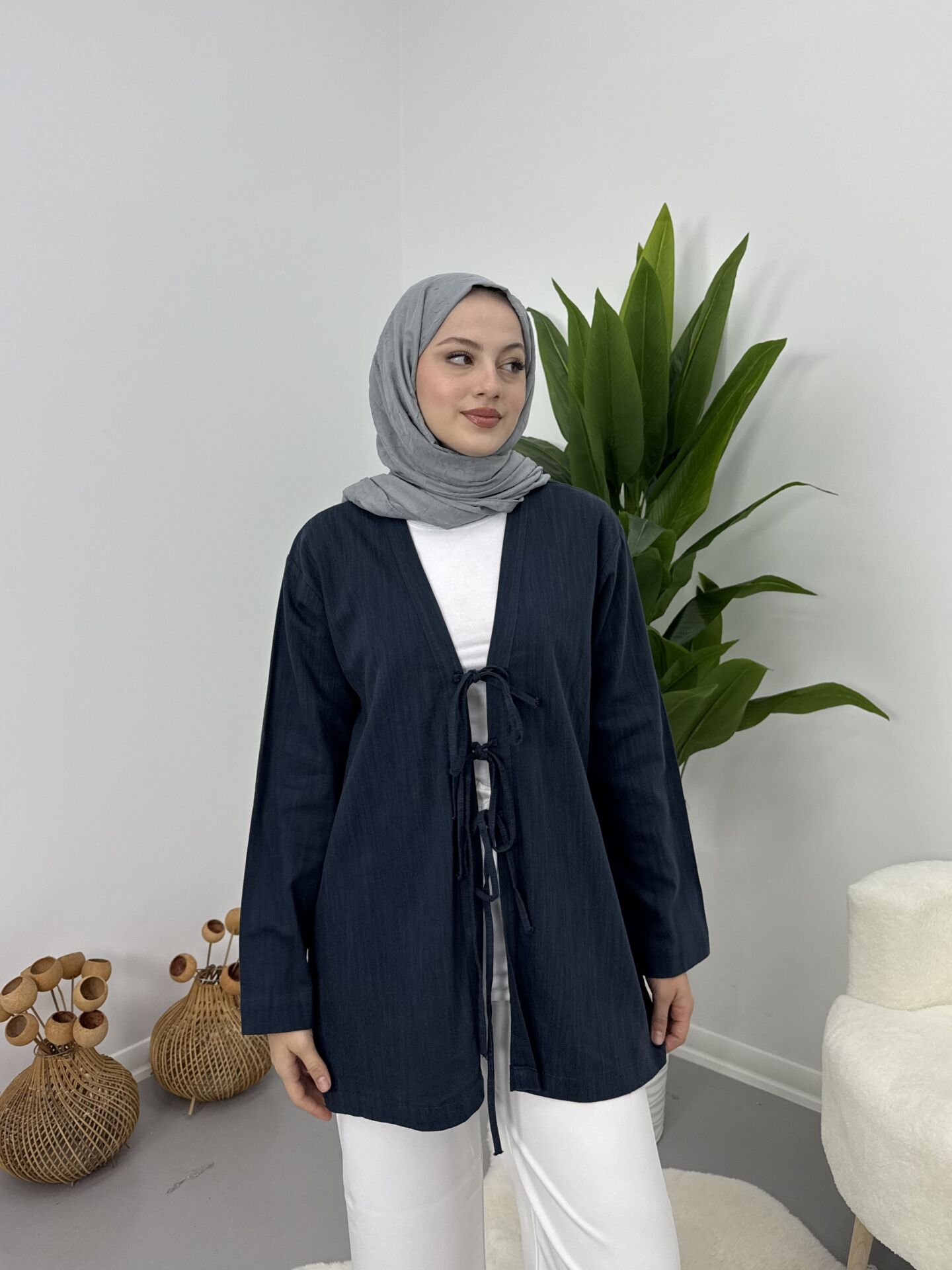 Önden Bağcıklı Keten Kimono Lacivert S