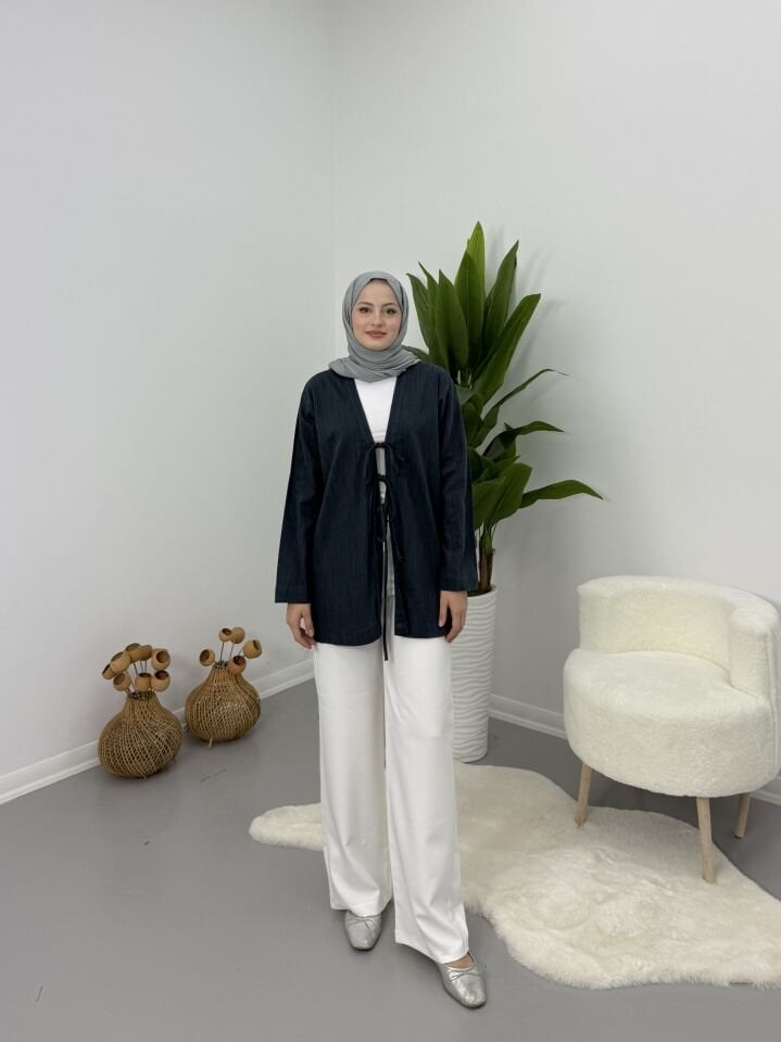 Önden Bağcıklı Keten Kimono Lacivert S