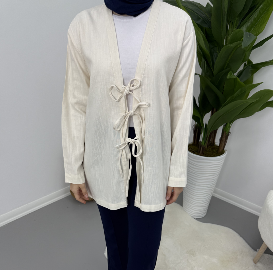 Önden Bağcıklı Keten Kimono Bej S
