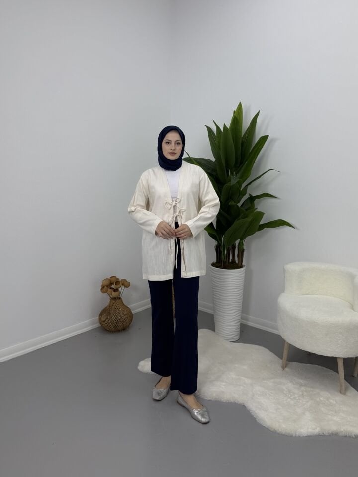 Önden Bağcıklı Keten Kimono Bej S