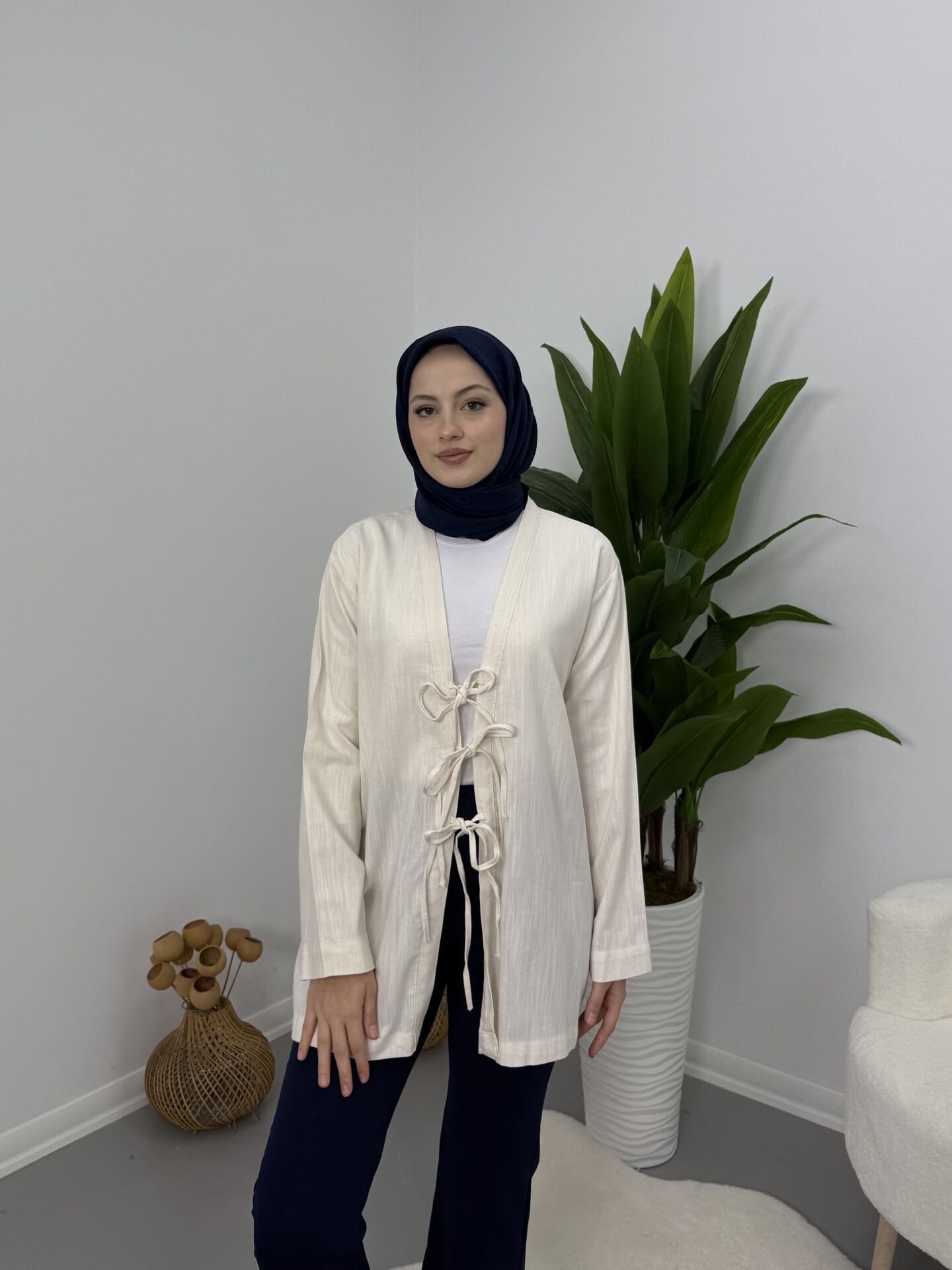 Önden Bağcıklı Keten Kimono Bej XL