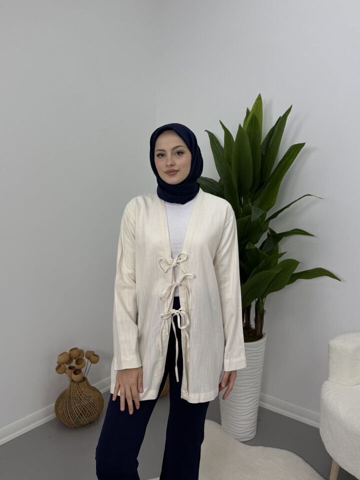 Önden Bağcıklı Keten Kimono Bej S
