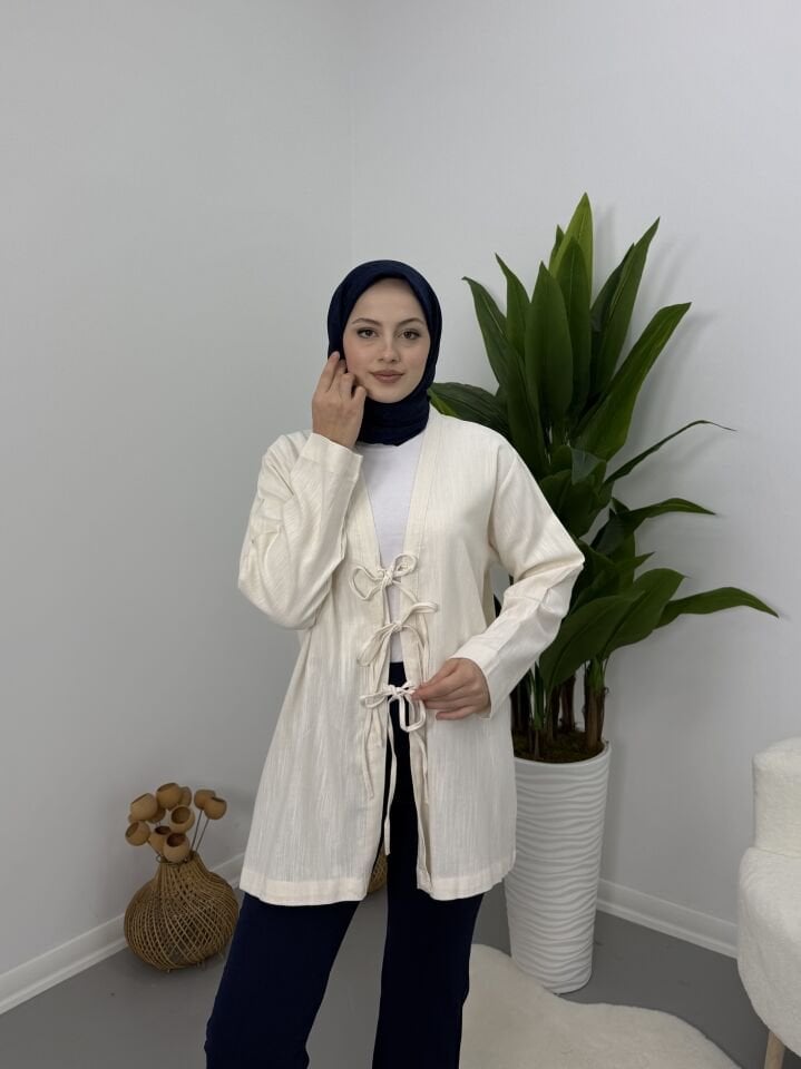 Önden Bağcıklı Keten Kimono Bej S