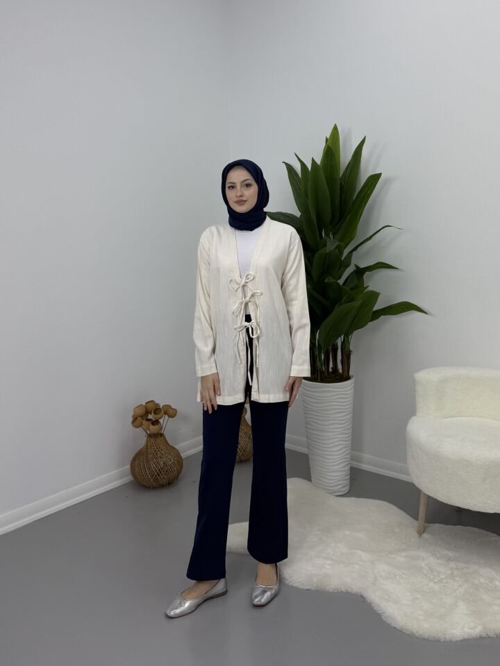 Önden Bağcıklı Keten Kimono Bej S