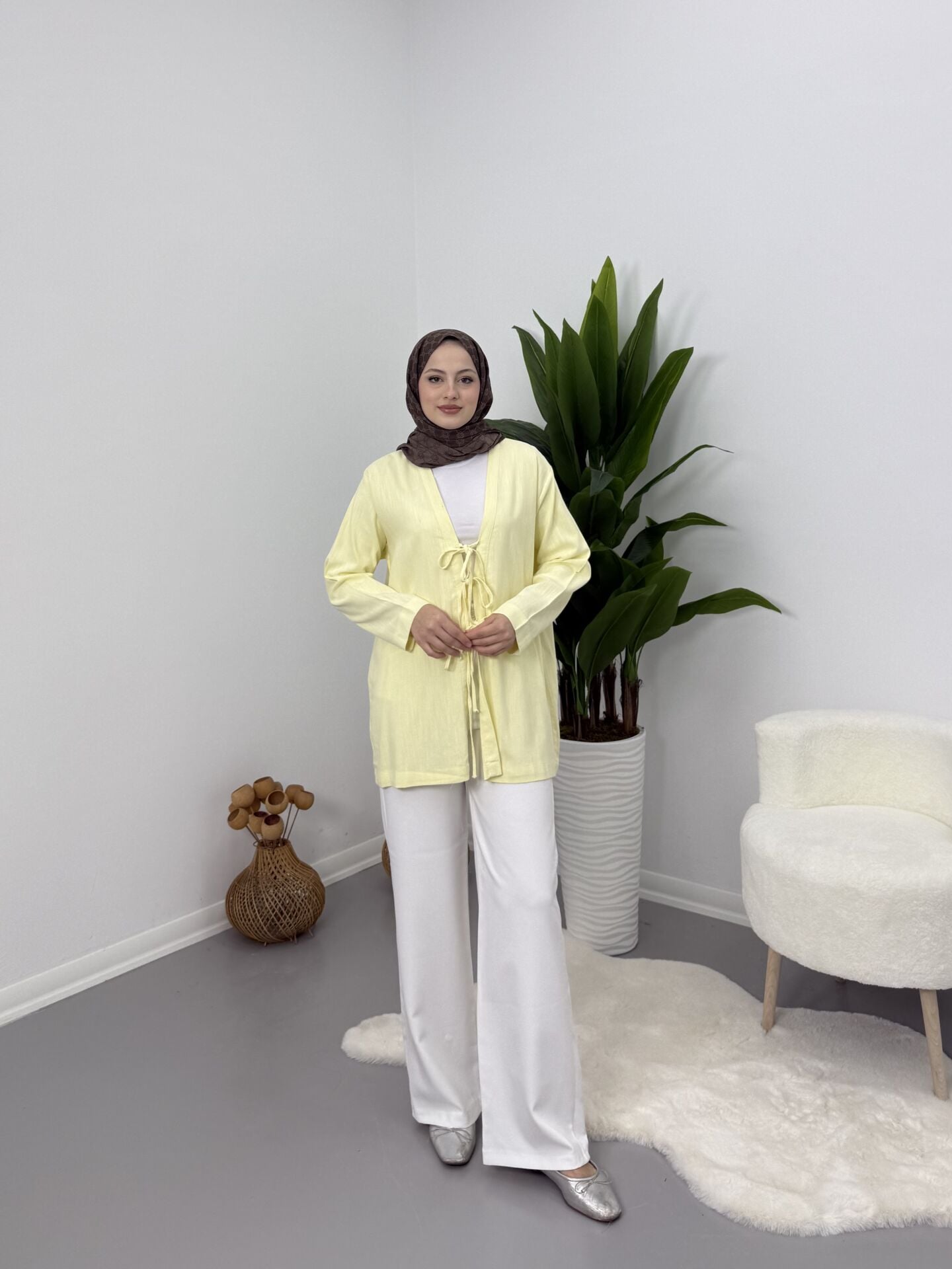 Önden Bağcıklı Keten Kimono Sarı S