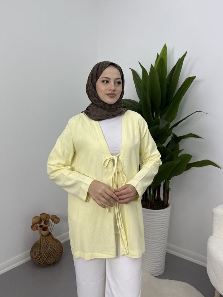 Önden Bağcıklı Keten Kimono Sarı XL