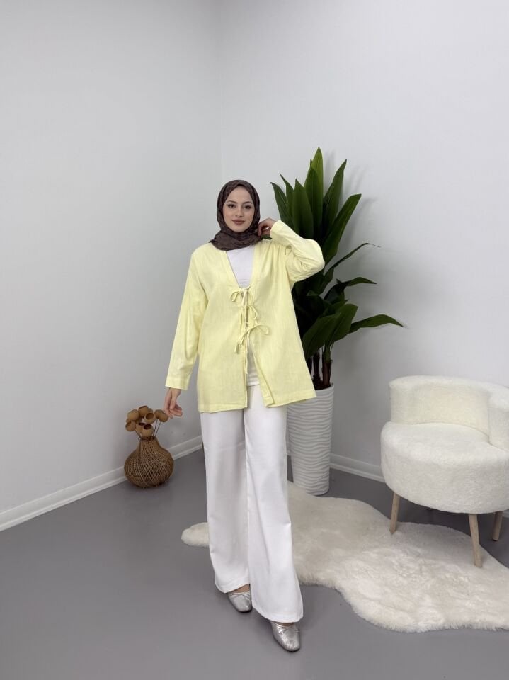 Önden Bağcıklı Keten Kimono Sarı XL