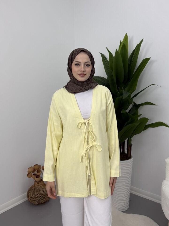 Önden Bağcıklı Keten Kimono Sarı S