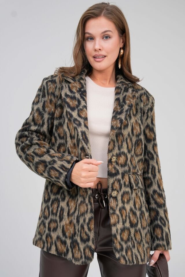 Leopar Desenli Blazer Astarlı Ceket L