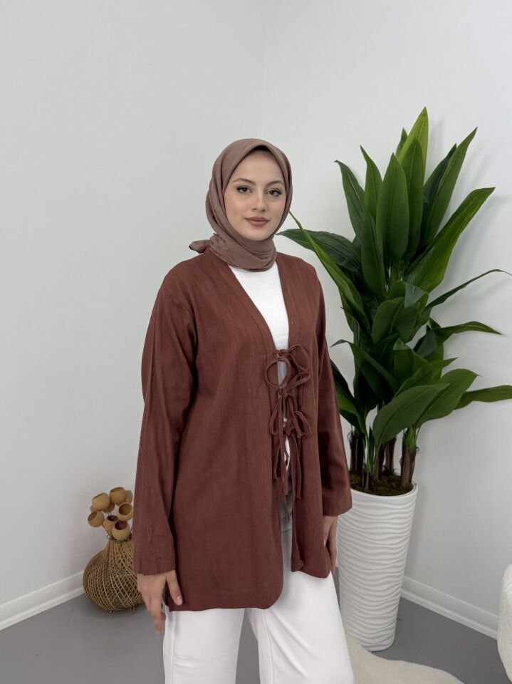 Önden Bağcıklı Keten Kimono Kiremit XL