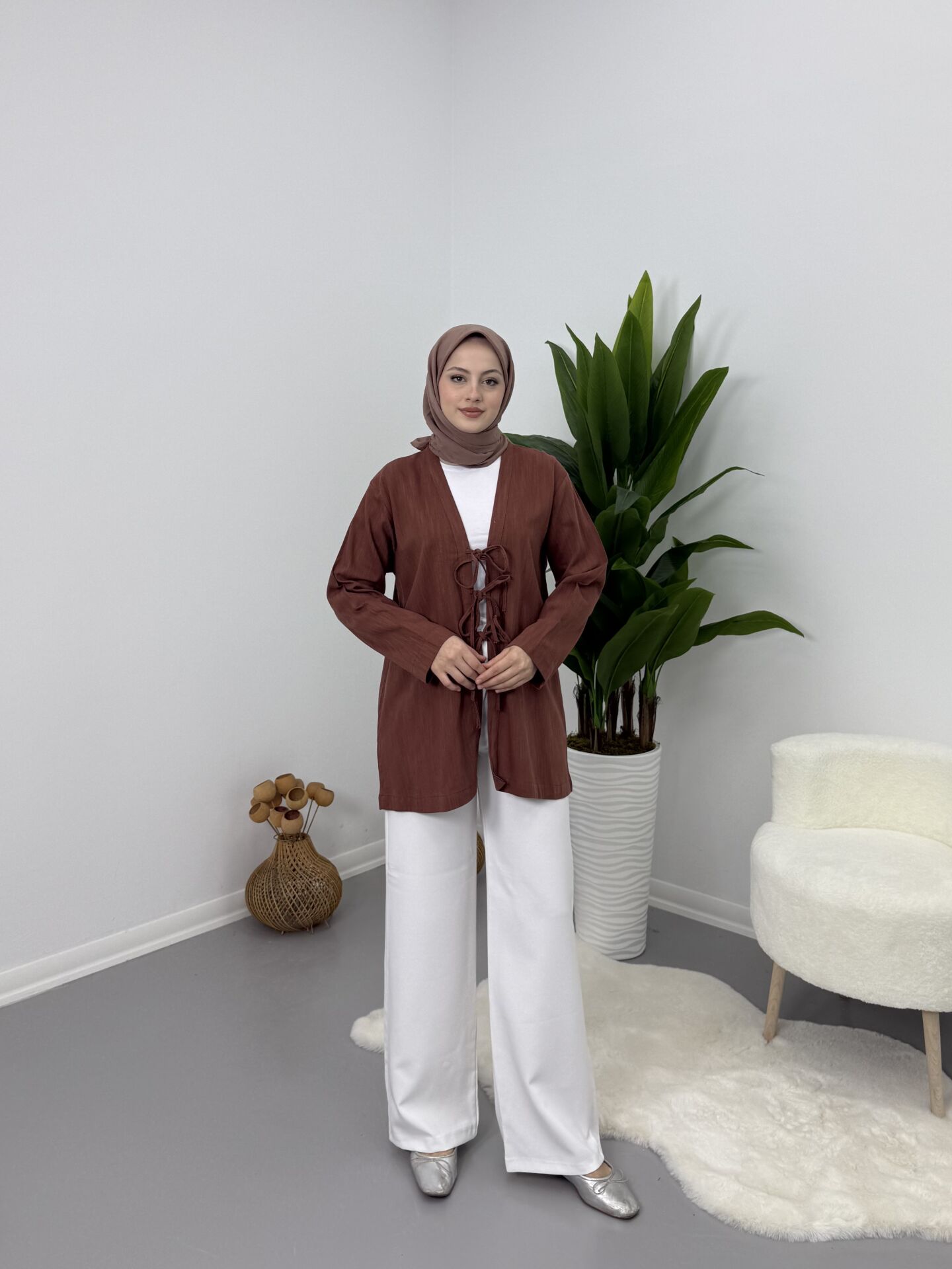 Önden Bağcıklı Keten Kimono Kiremit XL