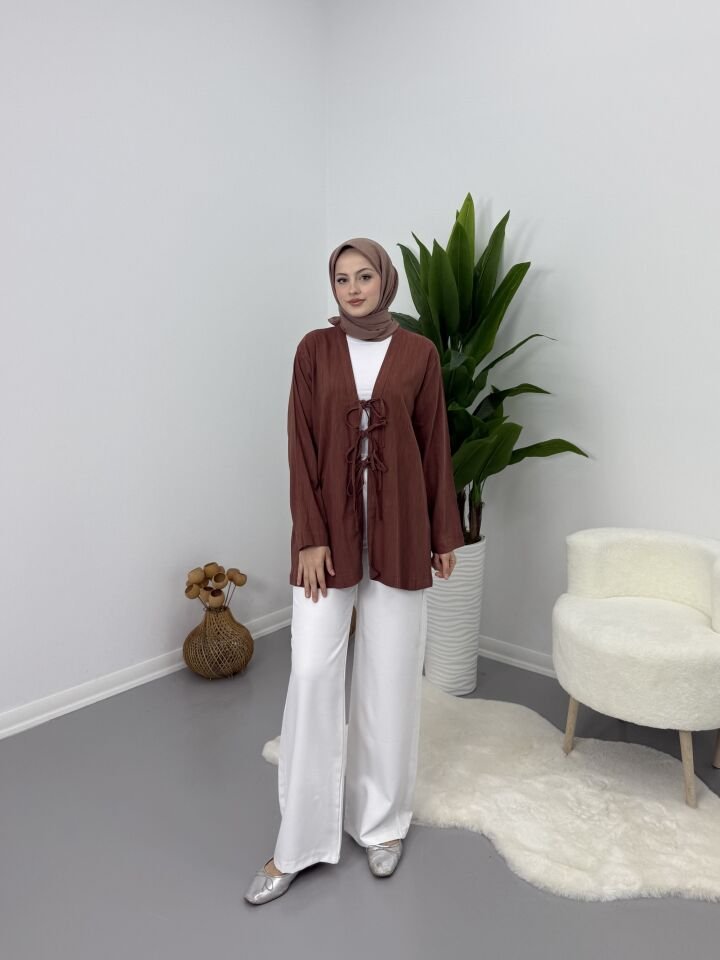 Önden Bağcıklı Keten Kimono Kiremit XL