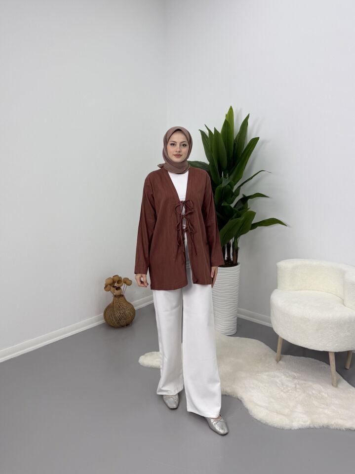 Önden Bağcıklı Keten Kimono Kiremit XL