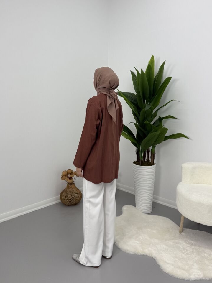 Önden Bağcıklı Keten Kimono Kiremit XL