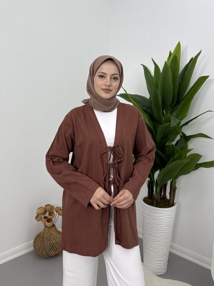 Önden Bağcıklı Keten Kimono Kiremit XL