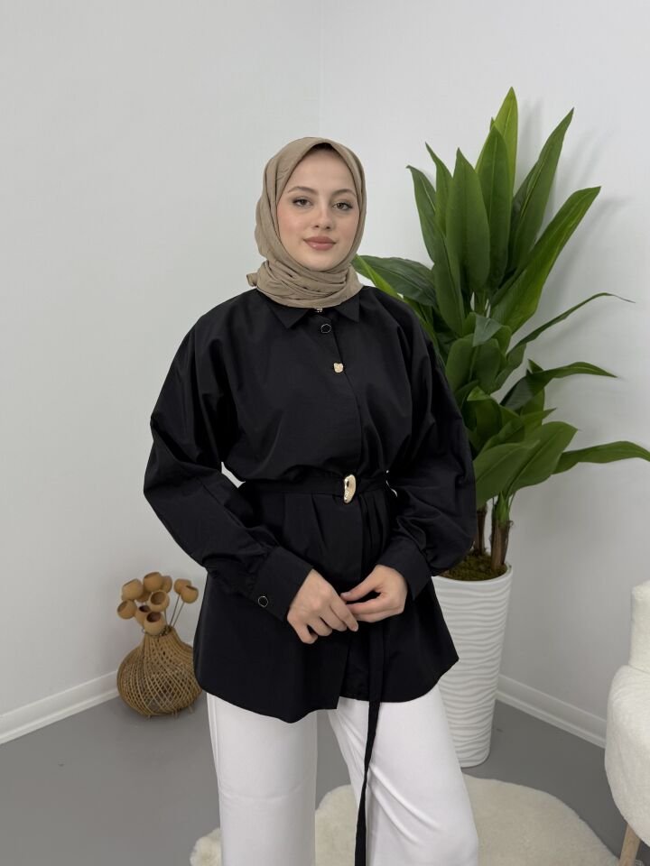 Gold Kemer Detaylı Gömlek Siyah XL