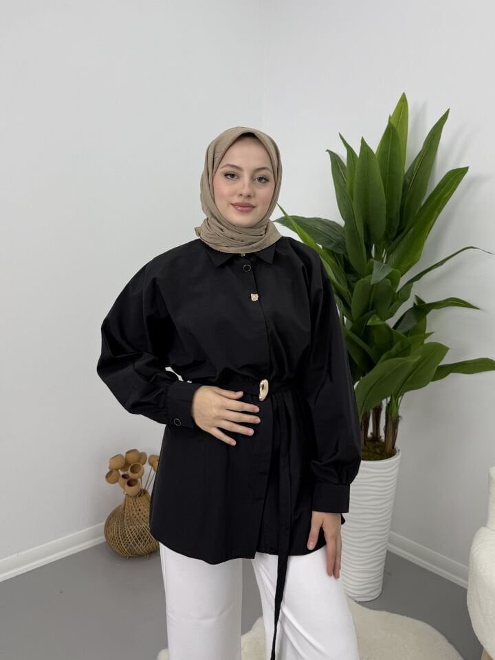 Gold Kemer Detaylı Gömlek Siyah S