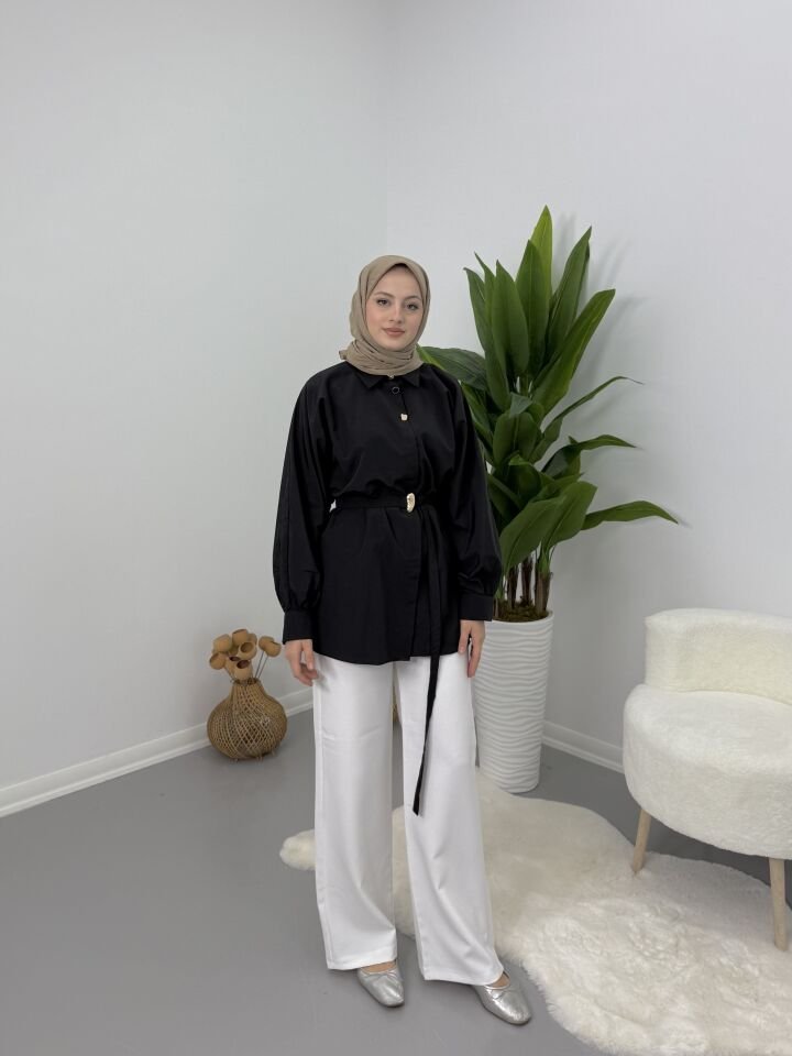 Gold Kemer Detaylı Gömlek Siyah S