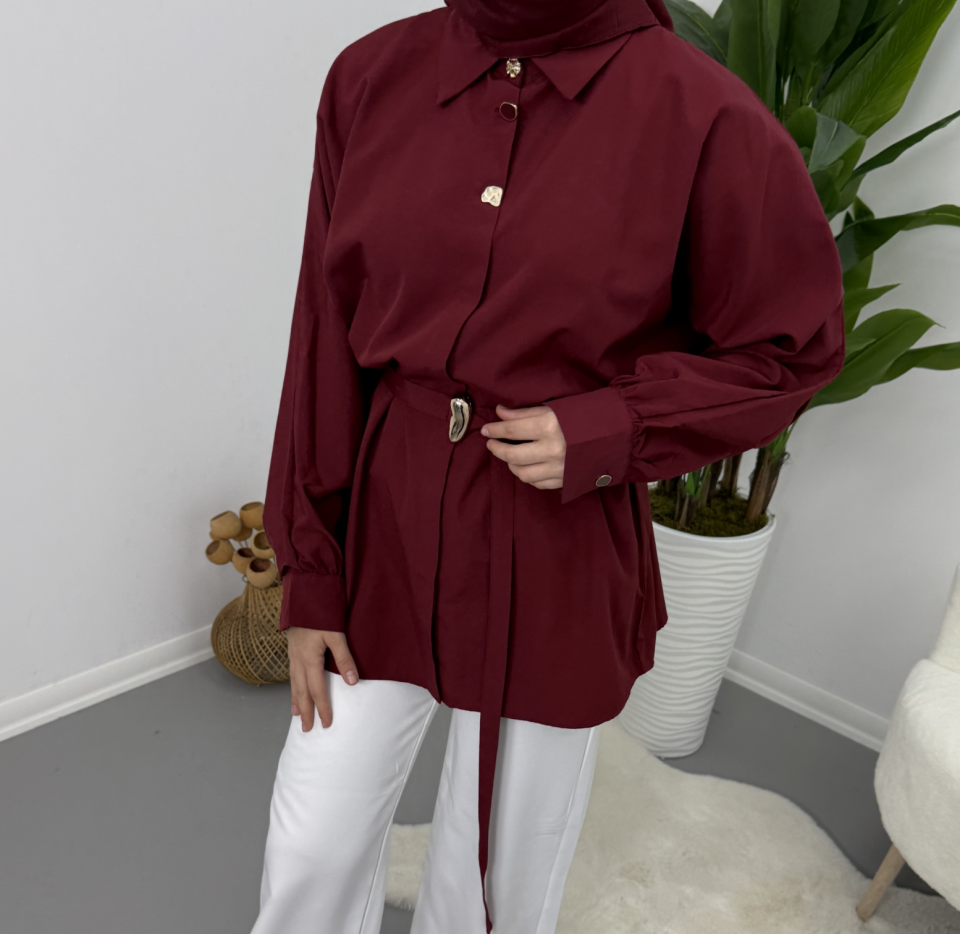 Gold Kemer Detaylı Gömlek Bordo M