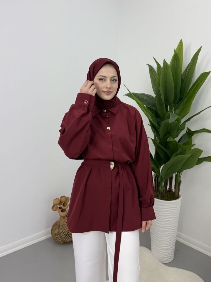 Gold Kemer Detaylı Gömlek Bordo M