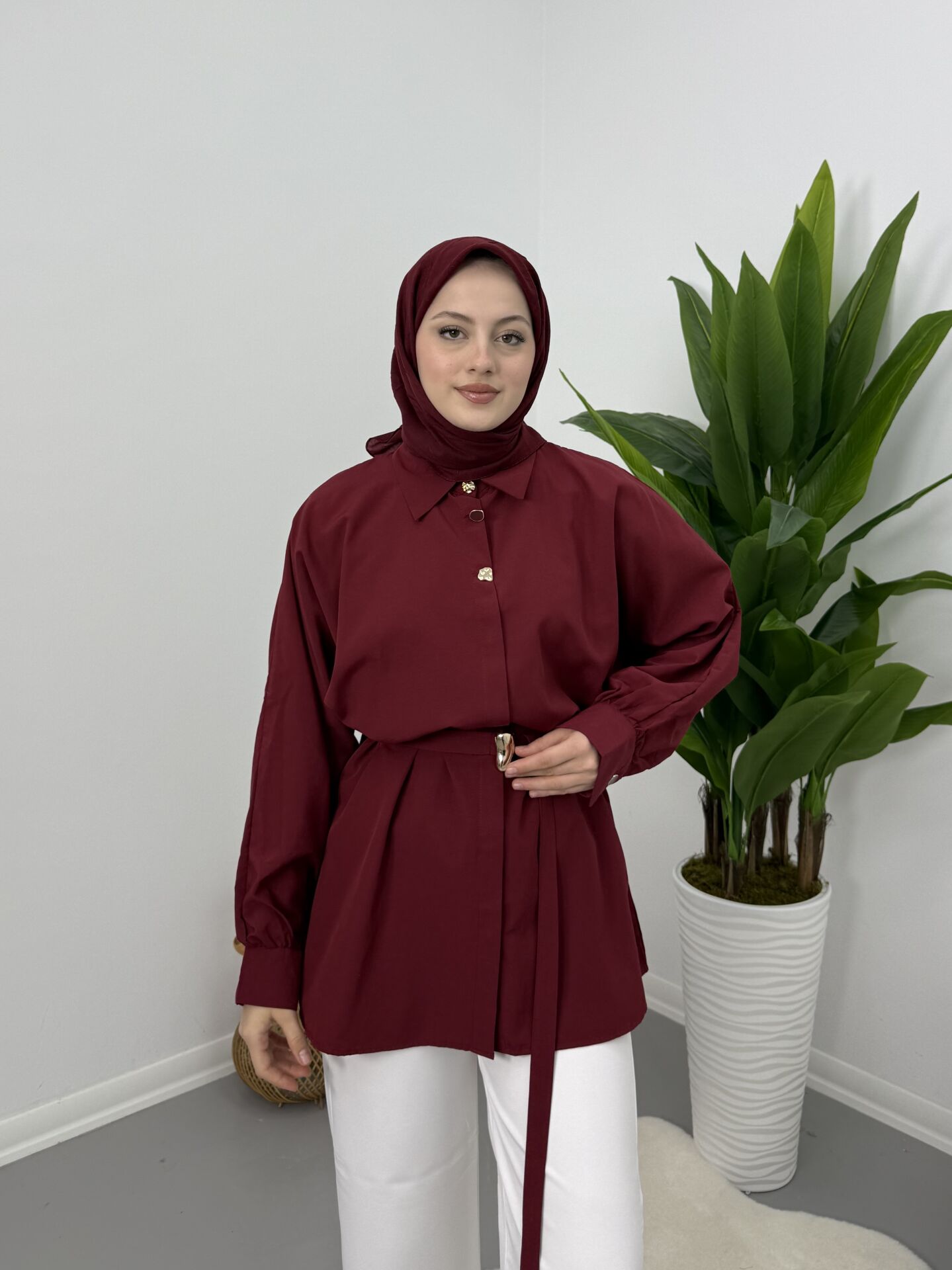 Gold Kemer Detaylı Gömlek Bordo S