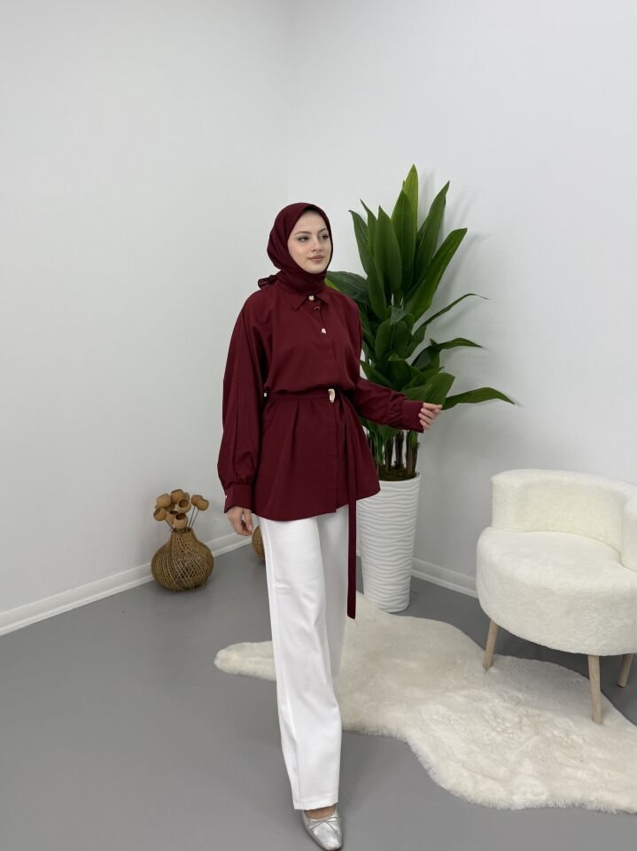 Gold Kemer Detaylı Gömlek Bordo M