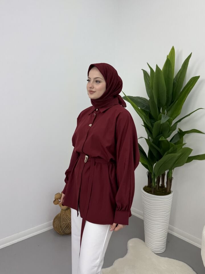 Gold Kemer Detaylı Gömlek Bordo M