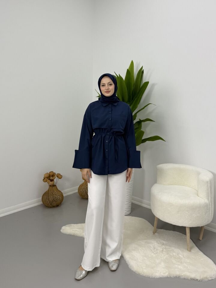 Manşet Detaylı Kadın Gömlek Lacivert S