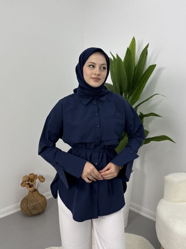Manşet Detaylı Kadın Gömlek Lacivert XL