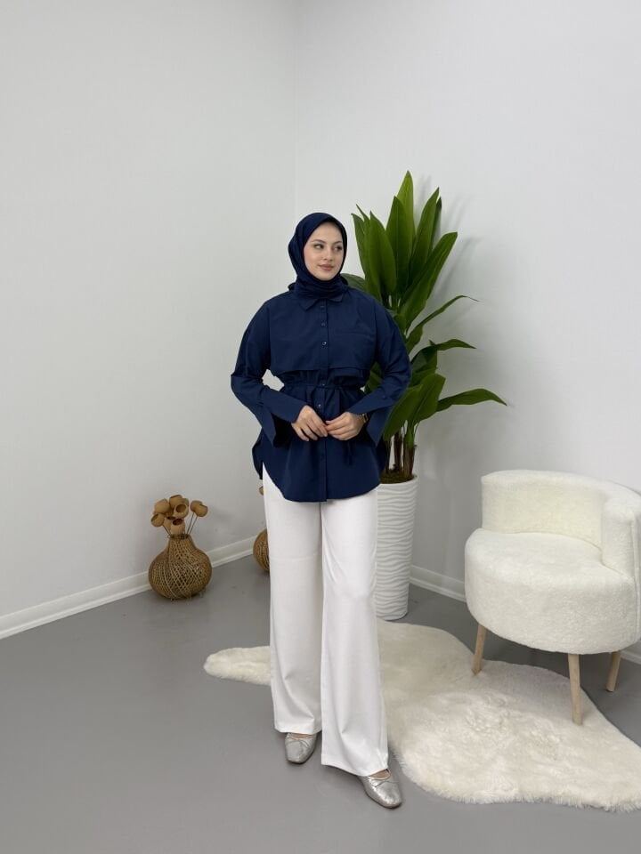 Manşet Detaylı Kadın Gömlek Lacivert S