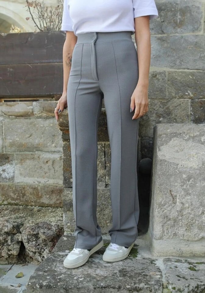 Full Liralı Geniş Paça Pantolon Gri 2XL