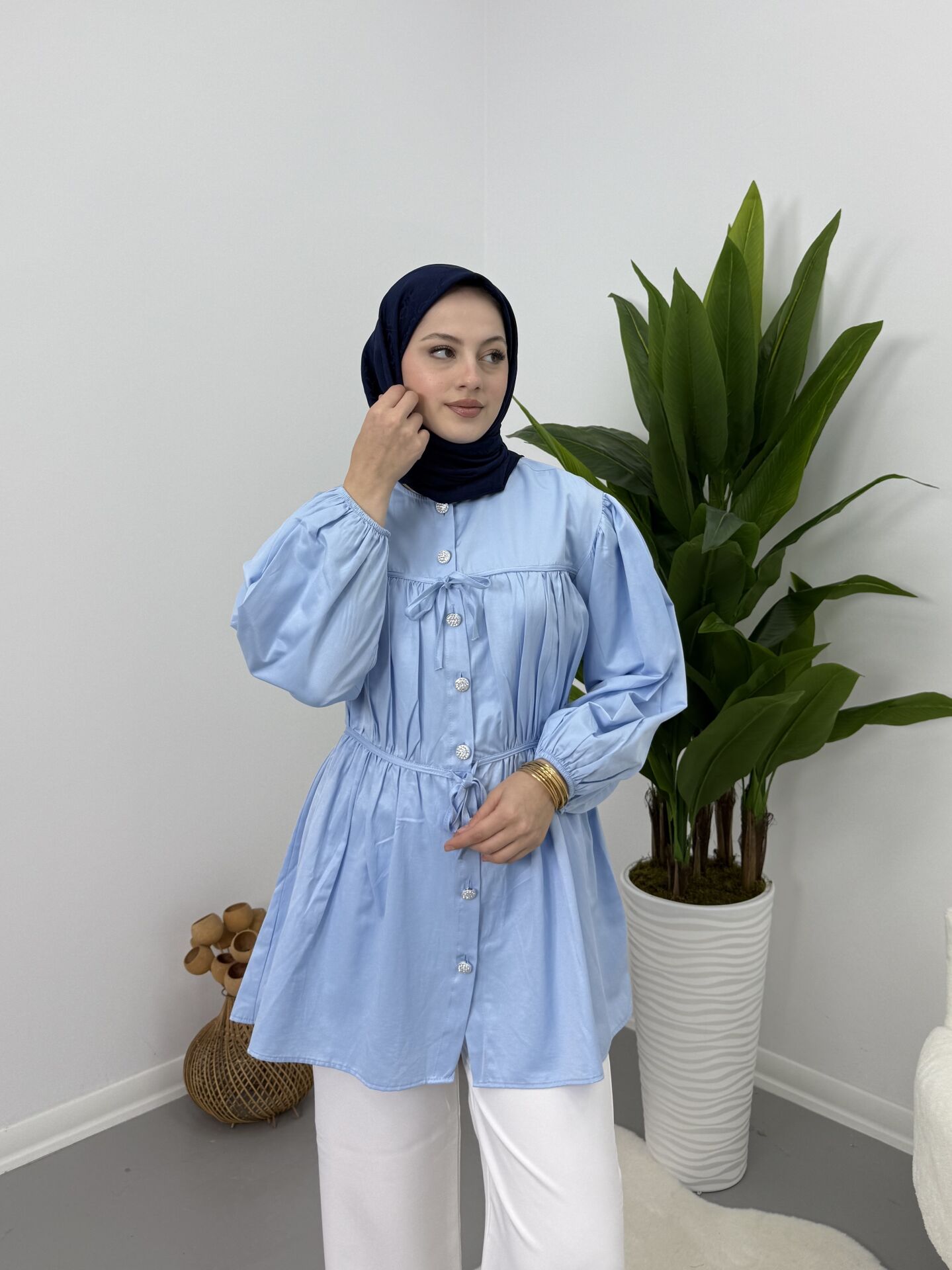 Belden Büzgülü Gömlek Mavi S