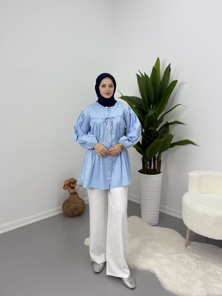 Belden Büzgülü Gömlek Mavi S