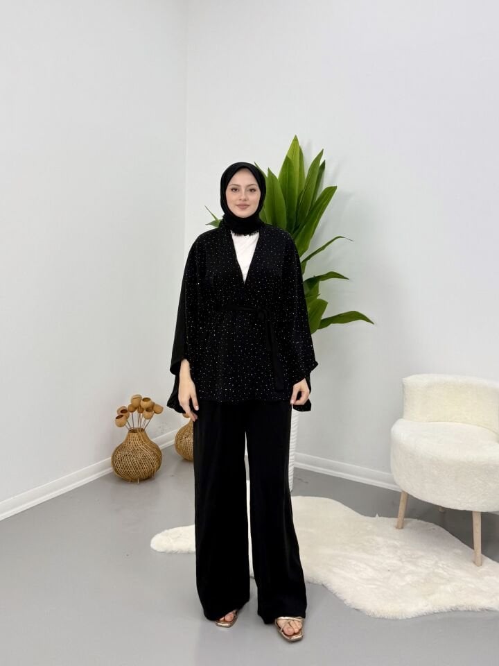 Taşlı Yarasa Kol Takım Siyah S