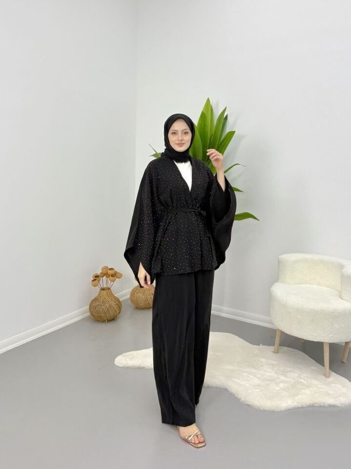 Taşlı Yarasa Kol Takım Siyah S