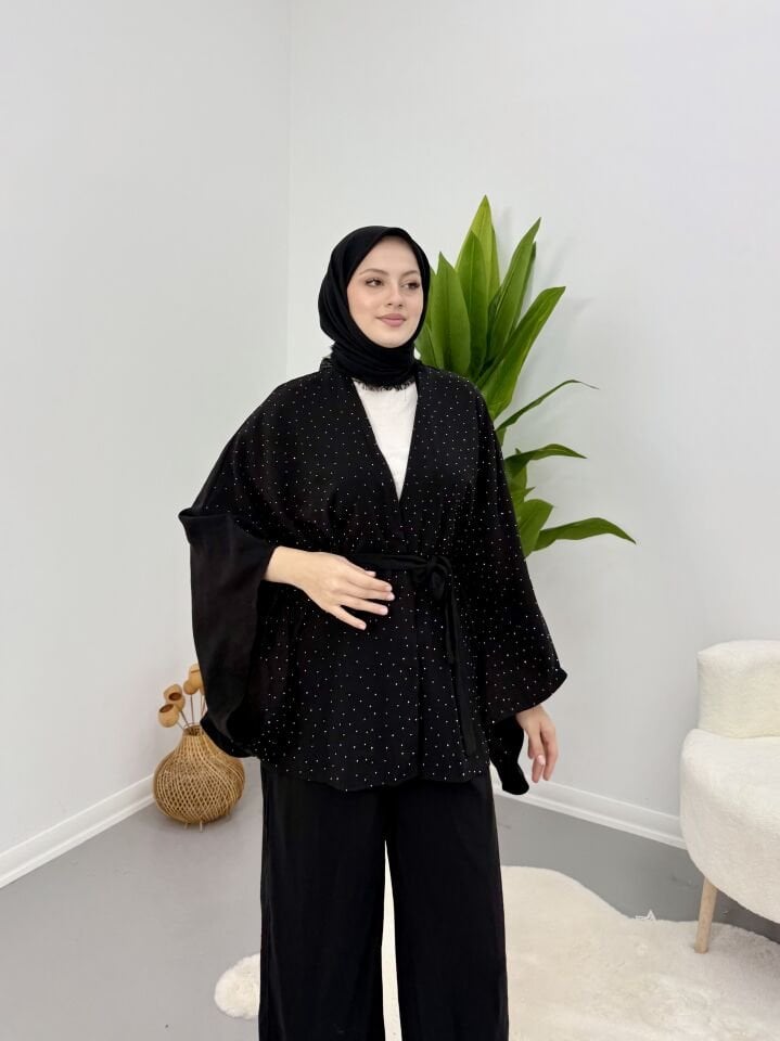 Taşlı Yarasa Kol Takım Siyah S